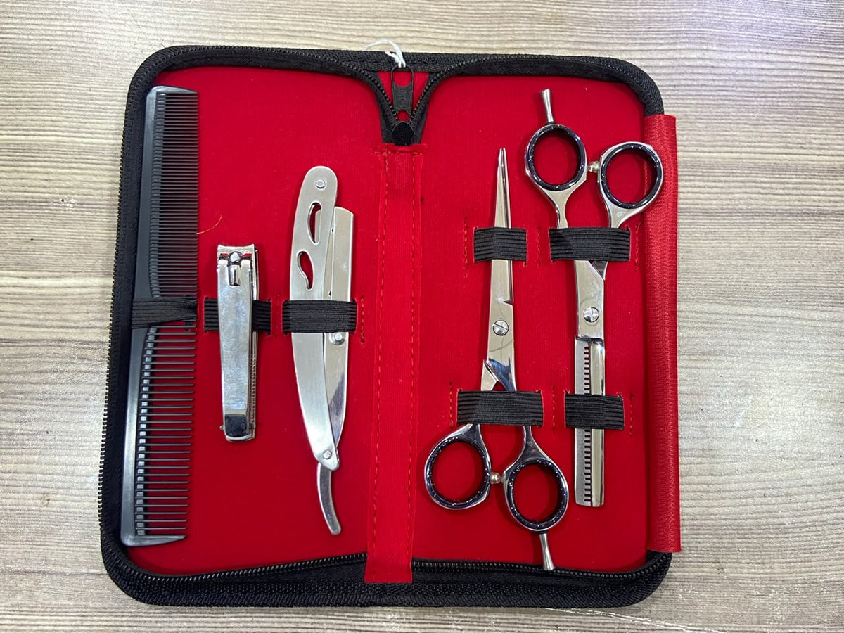 Premium 5-Piece Professional Barber Kit – Stainless Steel Hair Cutting & Thinning Shears, Straight Razor, and Comb Set with Travel Case