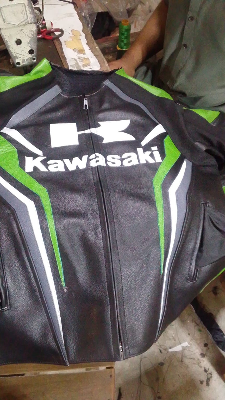 Kawasaki Racing Edition Leather Motorbike Jacket - Green & Black Pro Armor Riding Gear