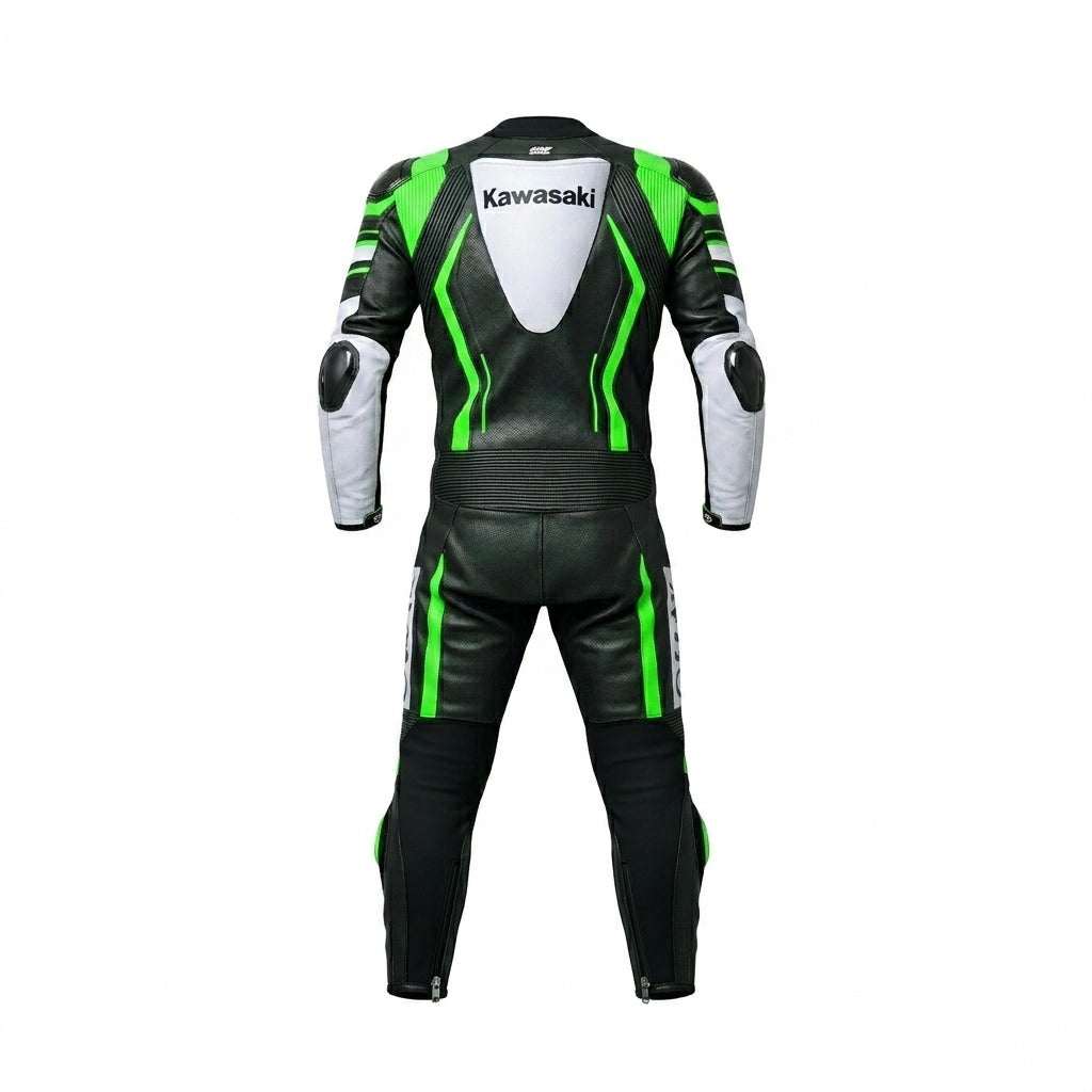 Kawasaki Professional Leather Motorbike Racing Suit - Green & White Pro Track Riding Gear