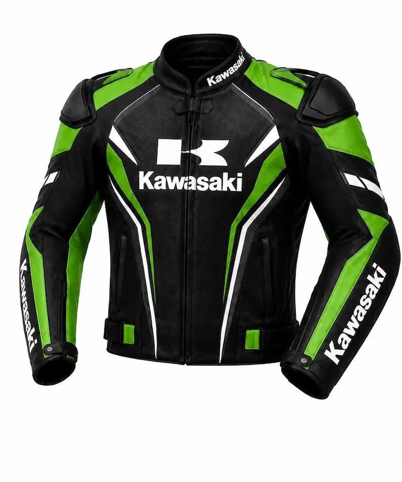 Kawasaki Racing Edition Leather Motorbike Jacket - Green & Black Pro Armor Riding Gear