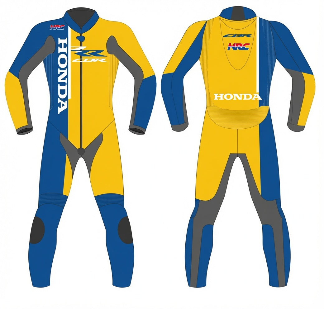 Honda HRC Edition Leather Motorbike Racing Suit - Yellow & Blue Pro Track Riding Gear
