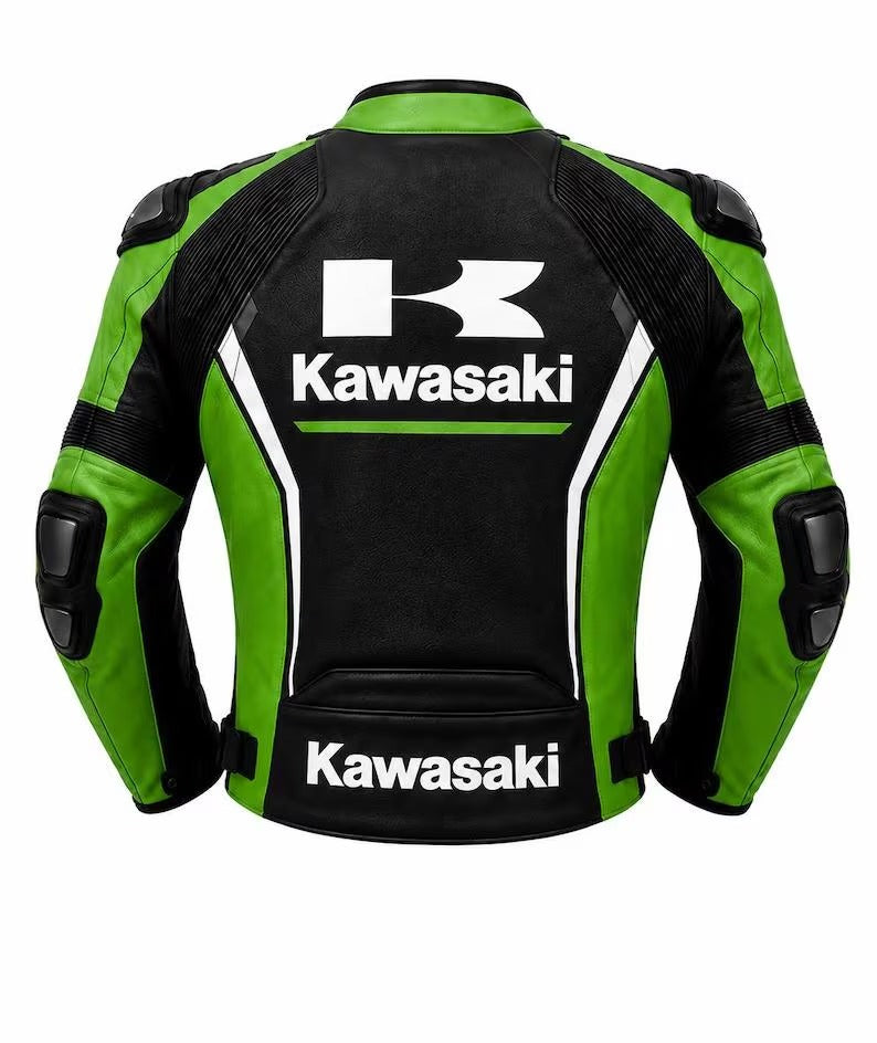 Kawasaki Racing Edition Leather Motorbike Jacket - Green & Black Pro Armor Riding Gear