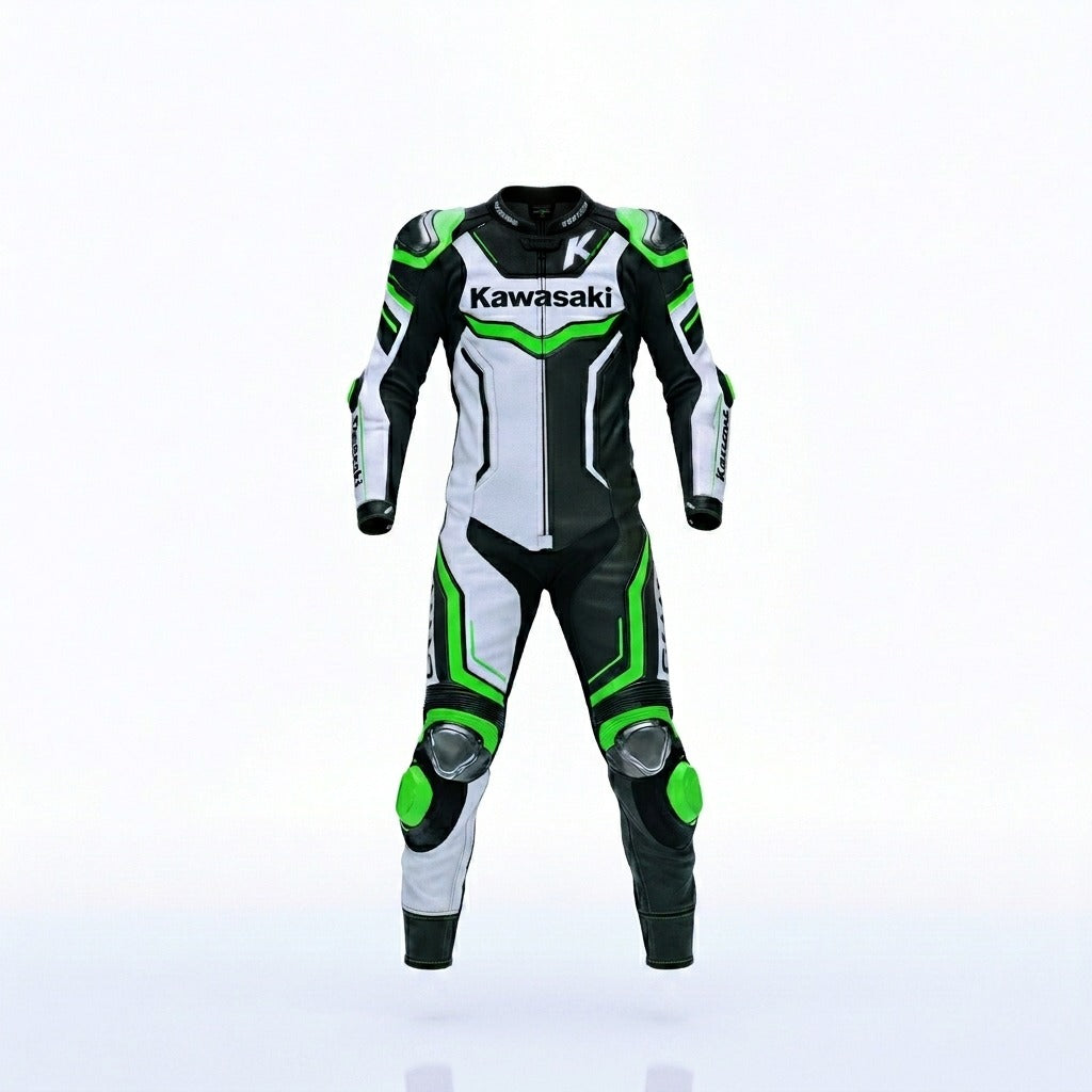 Kawasaki Professional Leather Motorbike Racing Suit - Green & White Pro Track Riding Gear