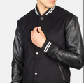 Premium Black Varsity Bomber Jacket with Leather Sleaves