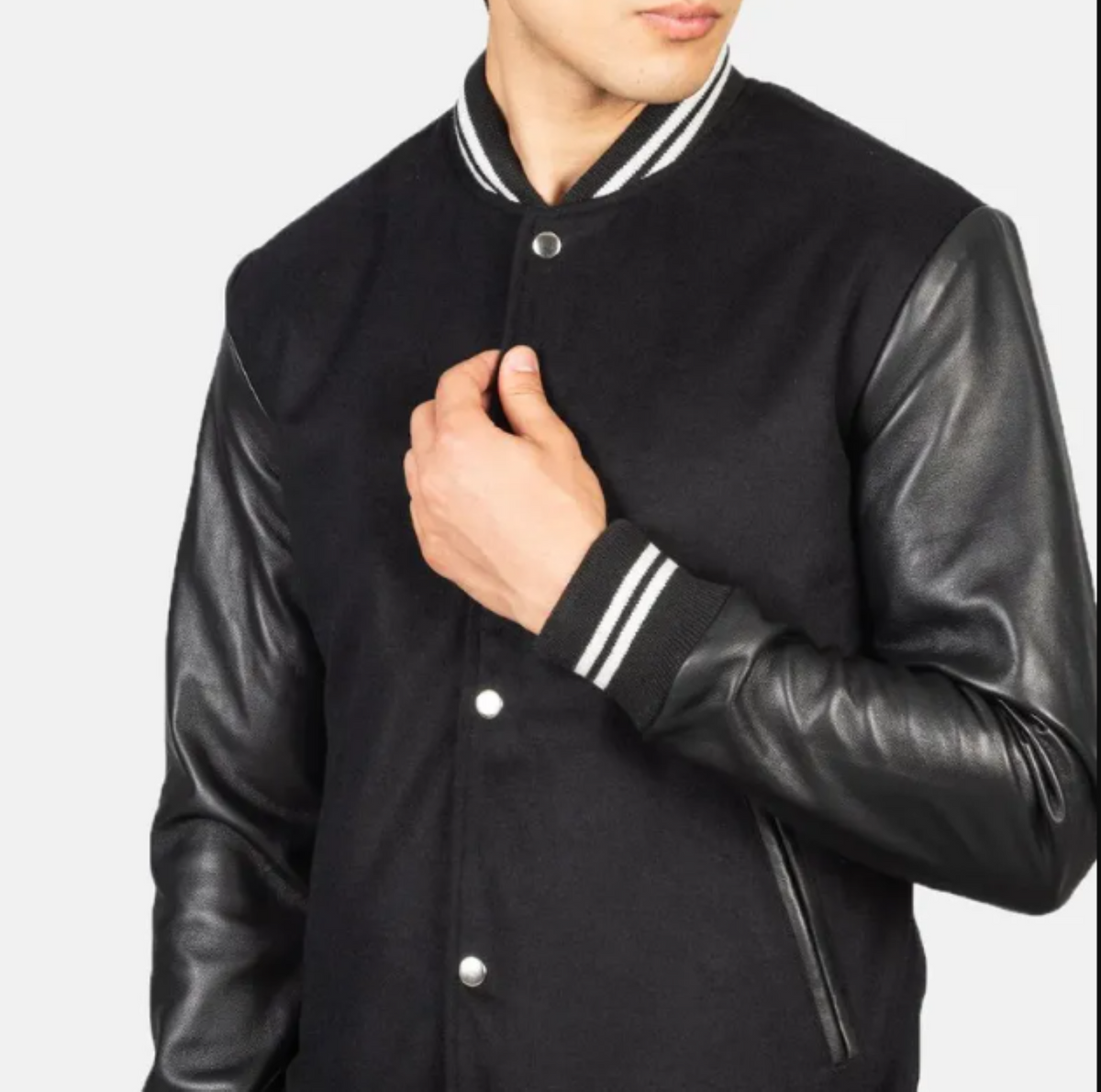 Premium Black Varsity Bomber Jacket with Leather Sleaves
