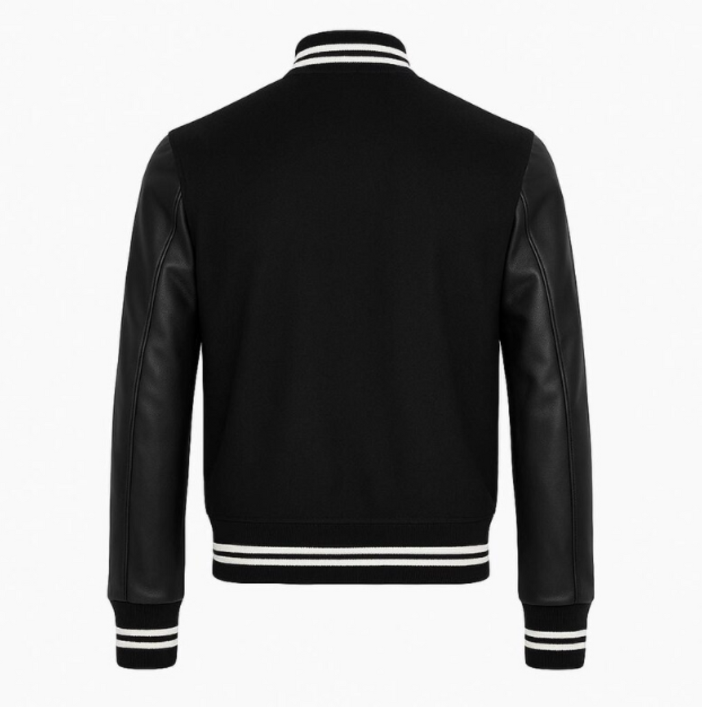 Premium Black Varsity Bomber Jacket with Leather Sleaves