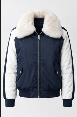 Stitch & Soul Urban Fur-Collar Varsity Bomber Jacket - Navy Blue & White Winter Edition