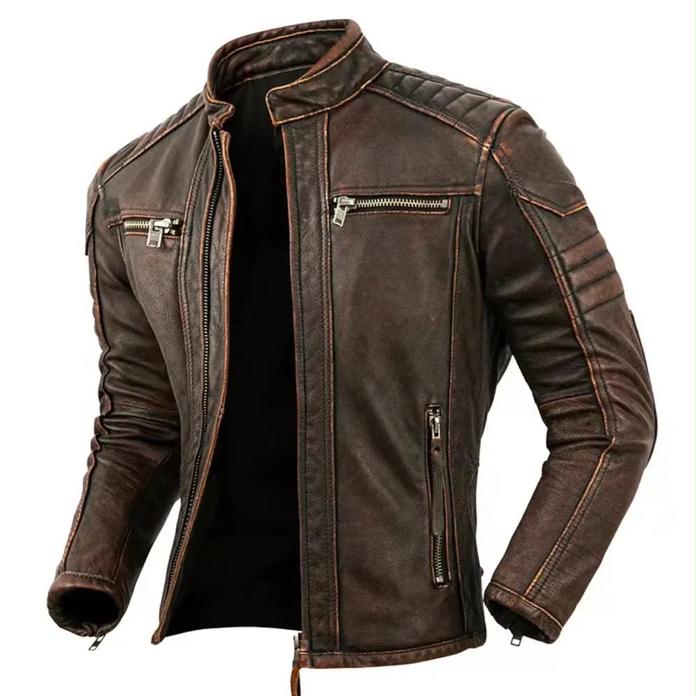 Premium Men's Vintage Brown Leather Jacket - Slim Fit Biker Style