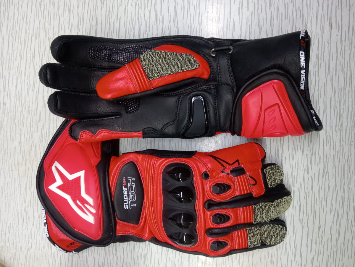 Alpinestars Leather Motorbike Racing Gloves - Red & Black Hard Knuckle Protective Gear