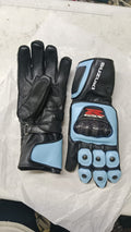 Premium Leather Motorbike Racing Gloves - Sky Blue & Black Knuckle Protected Riding Gear