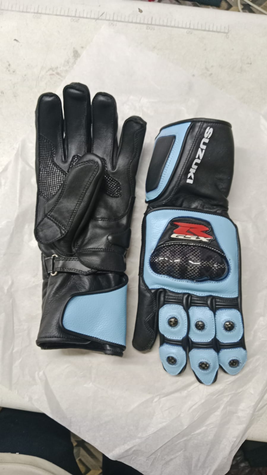 Premium Leather Motorbike Racing Gloves - Sky Blue & Black Knuckle Protected Riding Gear