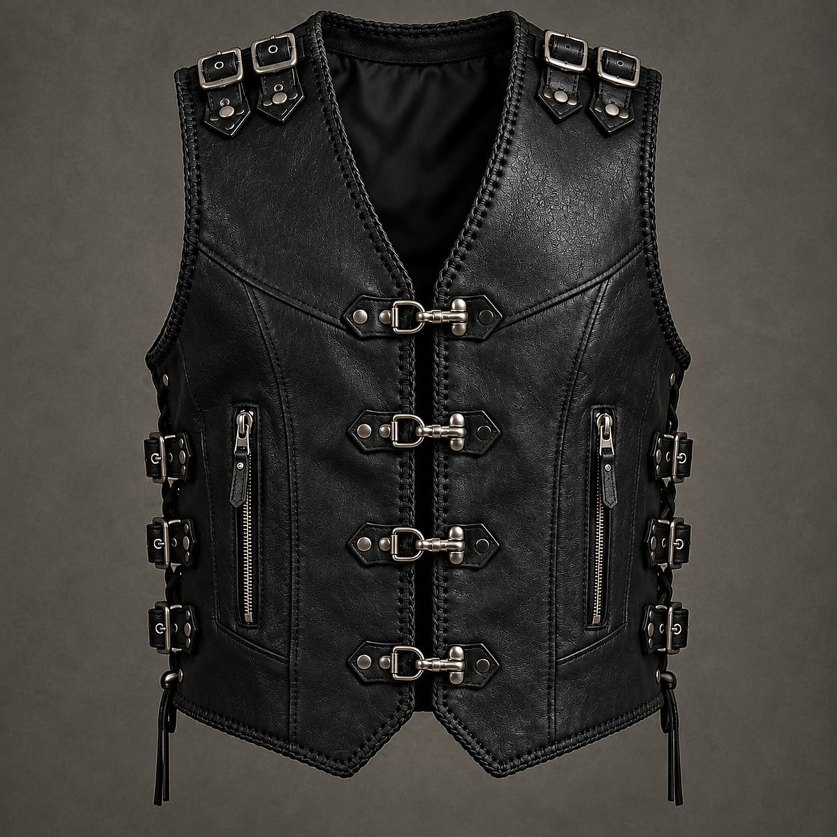 Stitch & Soul Renegade Studded Biker Leather Vest - Black Side Lace Riding Waistcoat