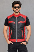Stitch & Soul Alpha Pro Biker Leather Vest - Red & Black Racing Riding Waistcoat