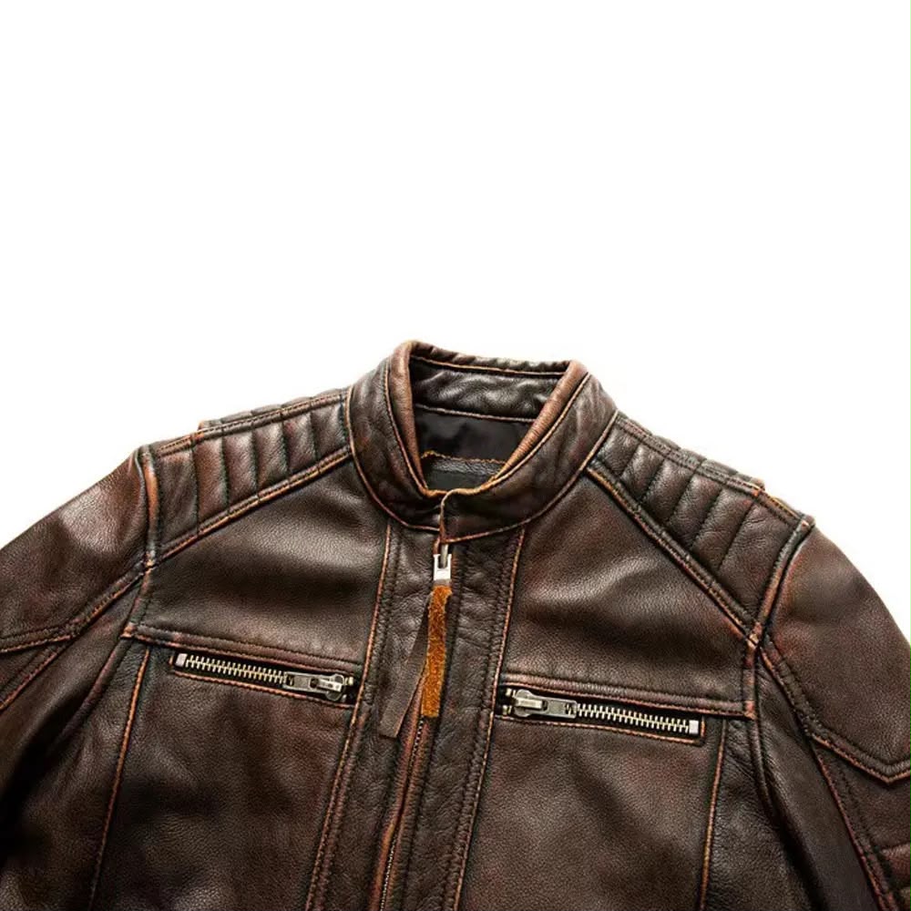 Premium Men's Vintage Brown Leather Jacket - Slim Fit Biker Style
