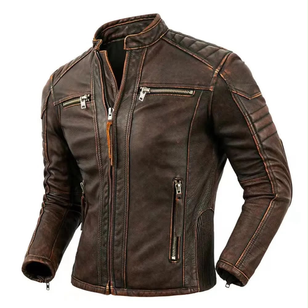 Premium Men's Vintage Brown Leather Jacket - Slim Fit Biker Style