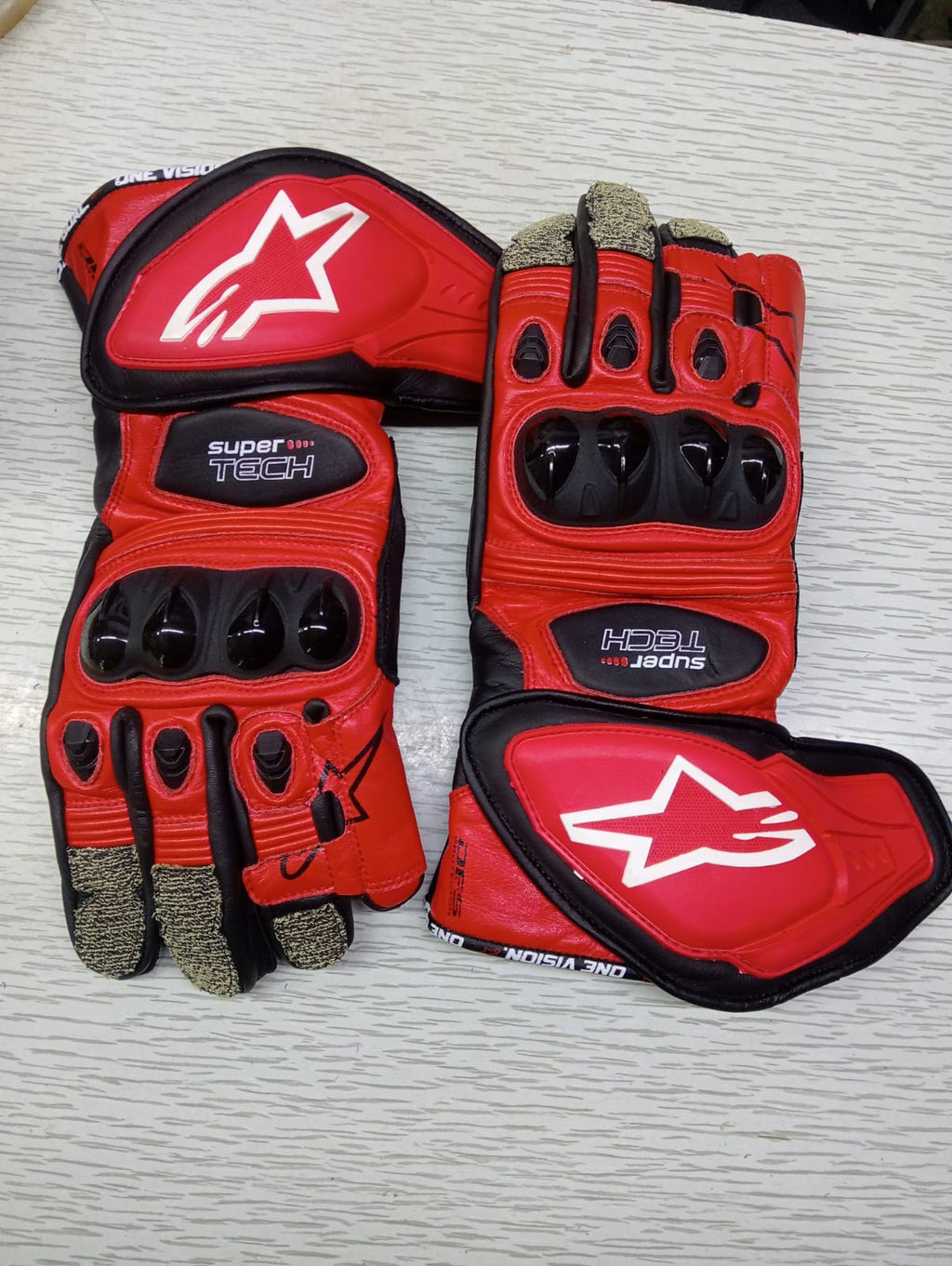 Alpinestars Leather Motorbike Racing Gloves - Red & Black Hard Knuckle Protective Gear
