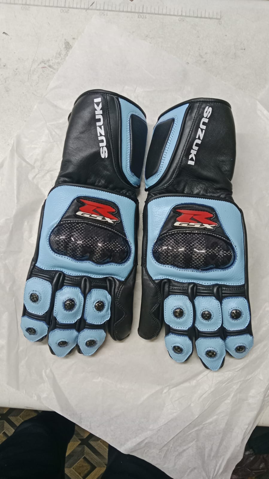 Premium Leather Motorbike Racing Gloves - Sky Blue & Black Knuckle Protected Riding Gear