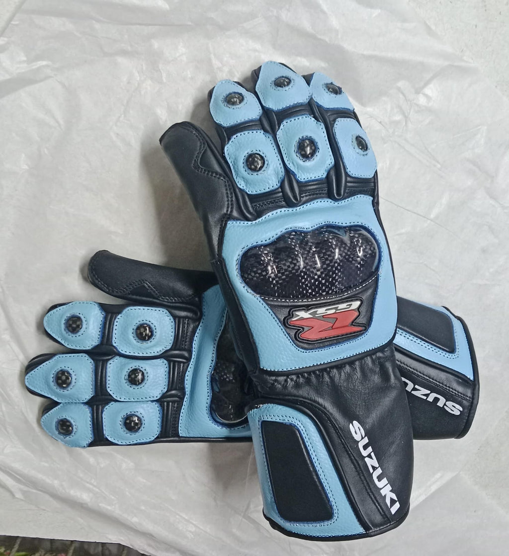 Premium Leather Motorbike Racing Gloves - Sky Blue & Black Knuckle Protected Riding Gear