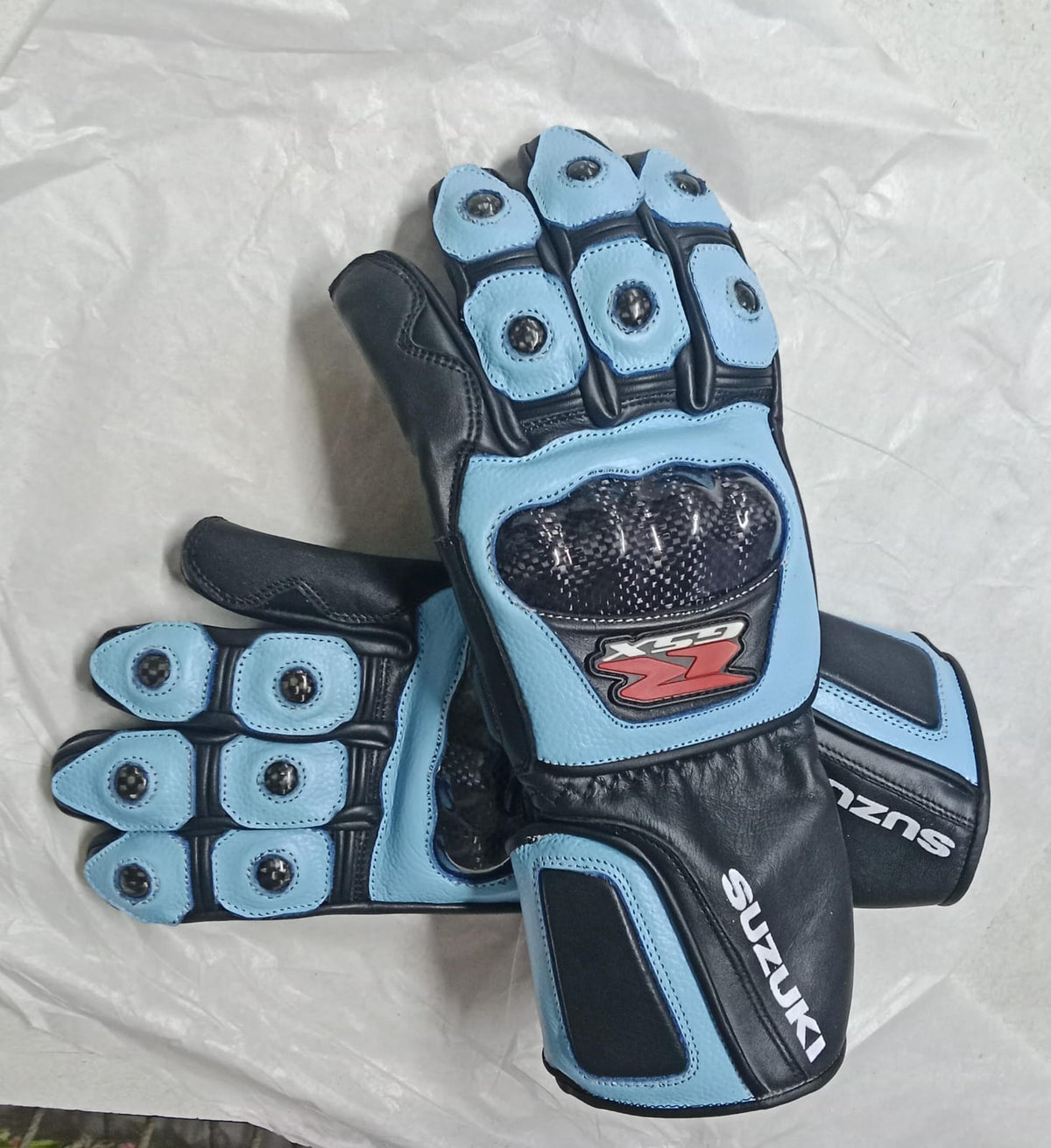 Premium Leather Motorbike Racing Gloves - Sky Blue & Black Knuckle Protected Riding Gear