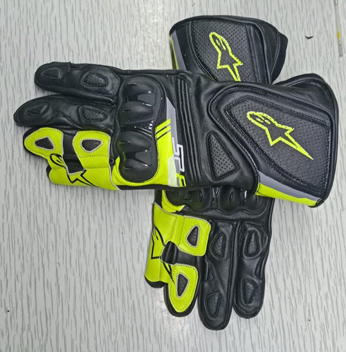 Alpinestars Leather Motorbike Gloves - Black & Neon Yellow Protective Riding Gear