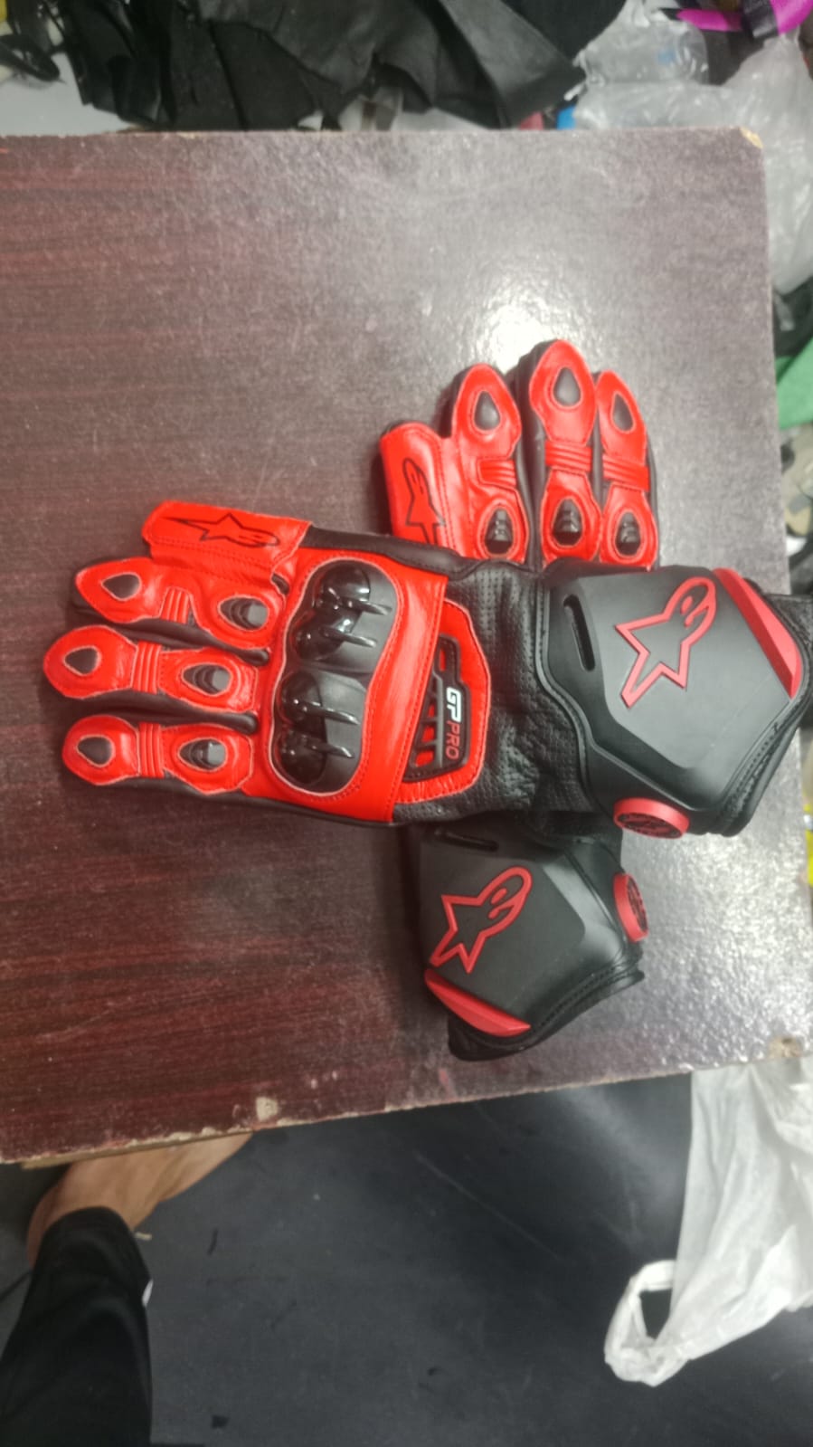 Alpinestars Leather Motorbike Racing Gloves - Red & Black Hard Knuckle Protective Gear