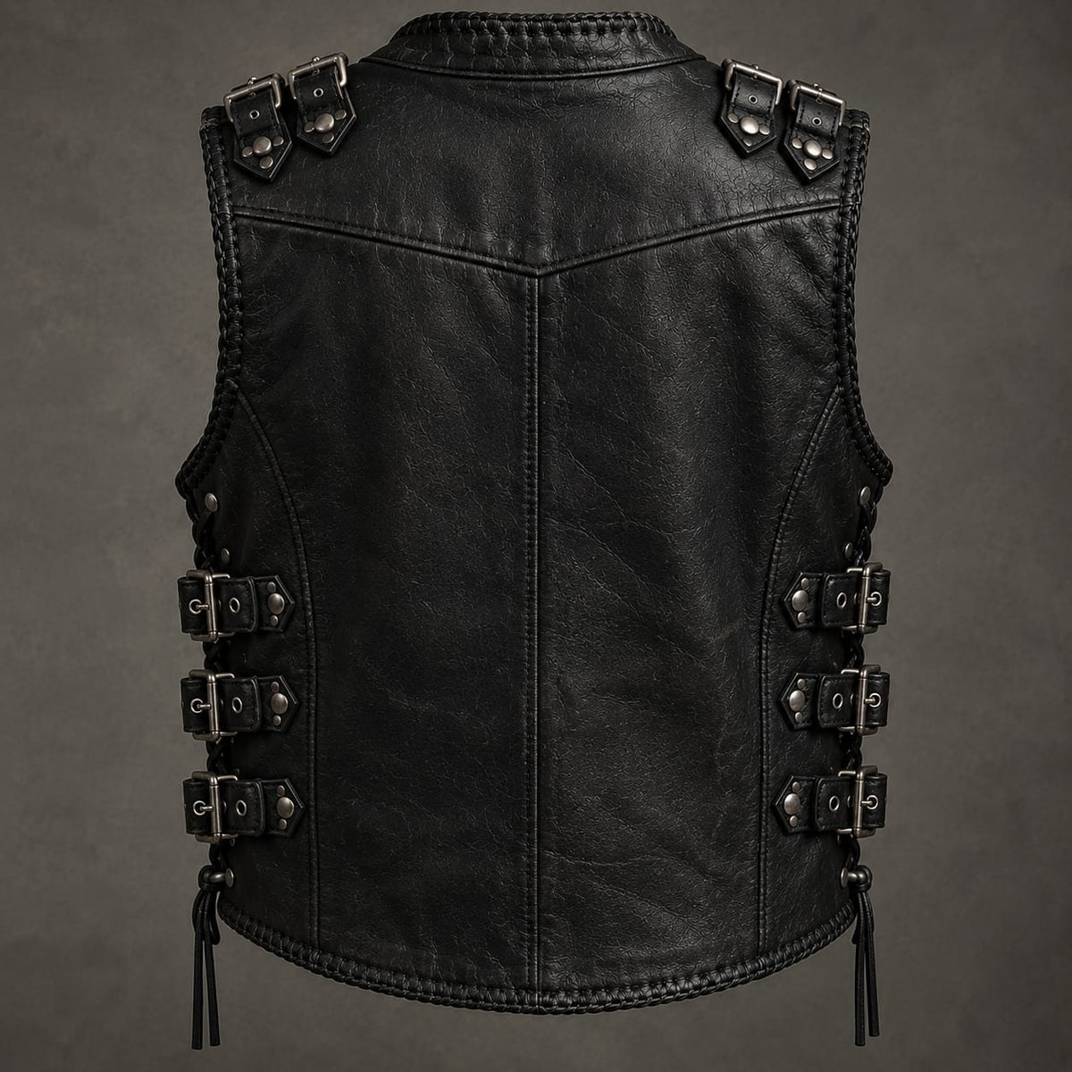 Stitch & Soul Renegade Studded Biker Leather Vest - Black Side Lace Riding Waistcoat
