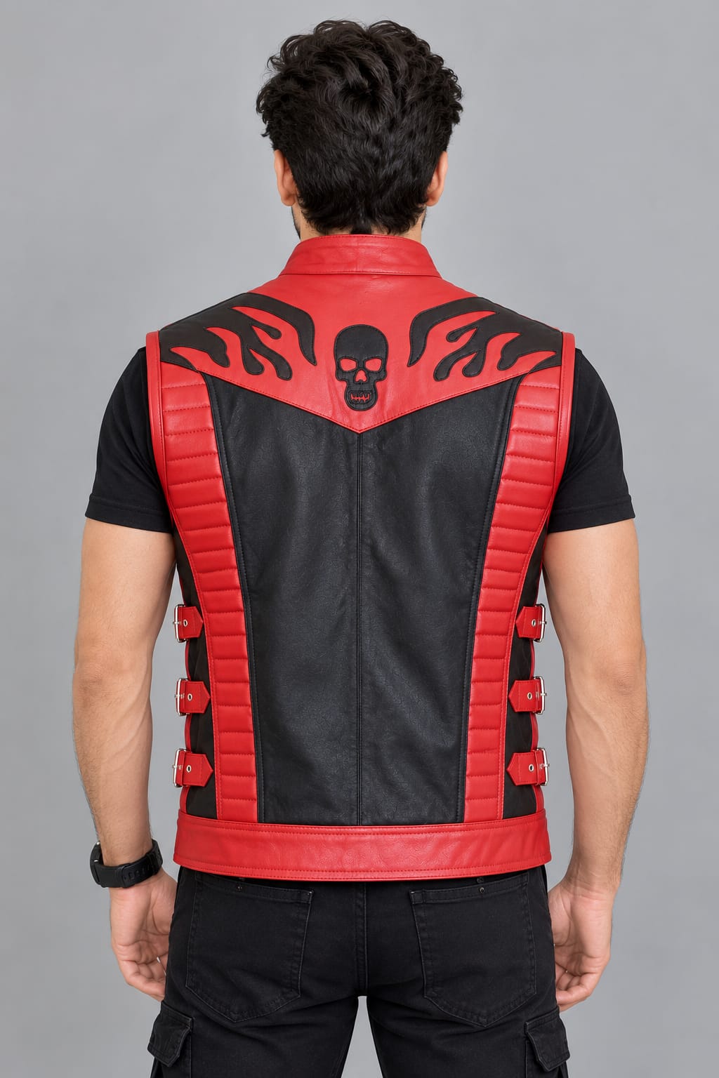 Stitch & Soul Alpha Pro Biker Leather Vest - Red & Black Racing Riding Waistcoat