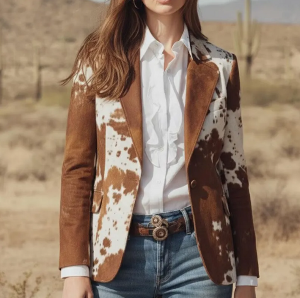Stitch&Soul Women s Western Cowhide Print Leather Jacket