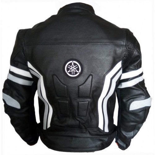 Yamaha Leather Motorbike Racing Jacket - Black & White Pro Armor Riding Gear