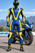 Premium Blue & Yellow Leather Motorcycle Racing Suit - One Piece Biker Protective Gear