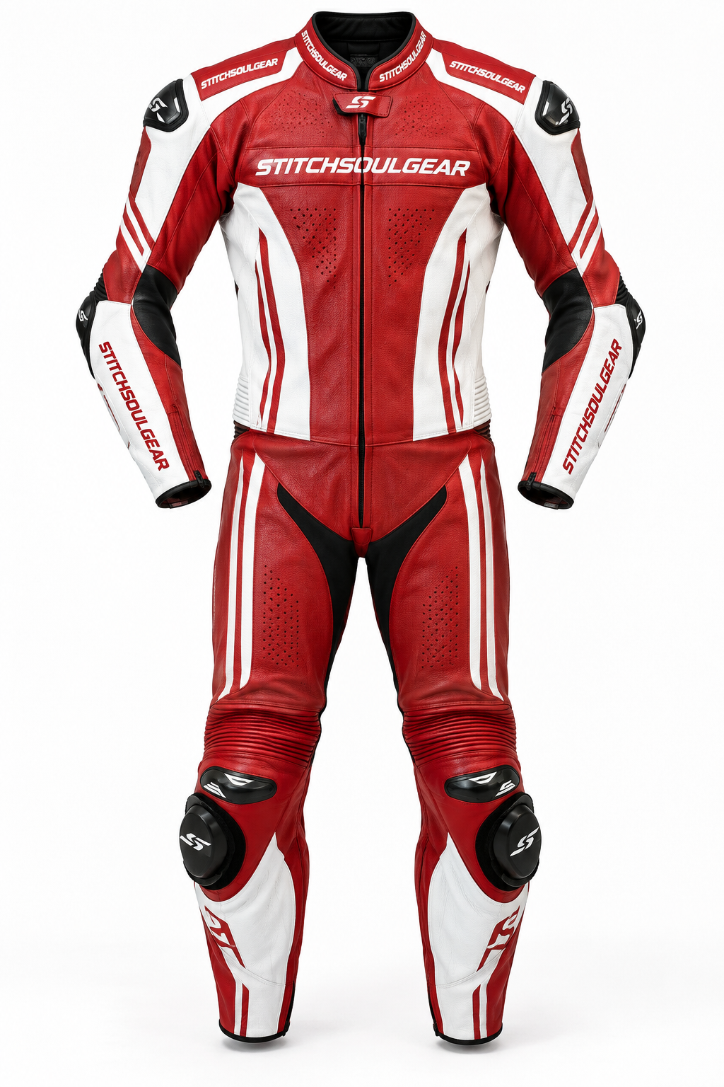 Stitch & Soul Nitro Corsa Full Leather Motorbike Racing Suit - Red & White Track Edition