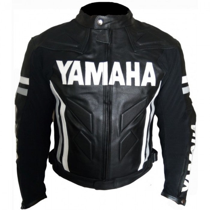 Yamaha Leather Motorbike Racing Jacket - Black & White Pro Armor Riding Gear