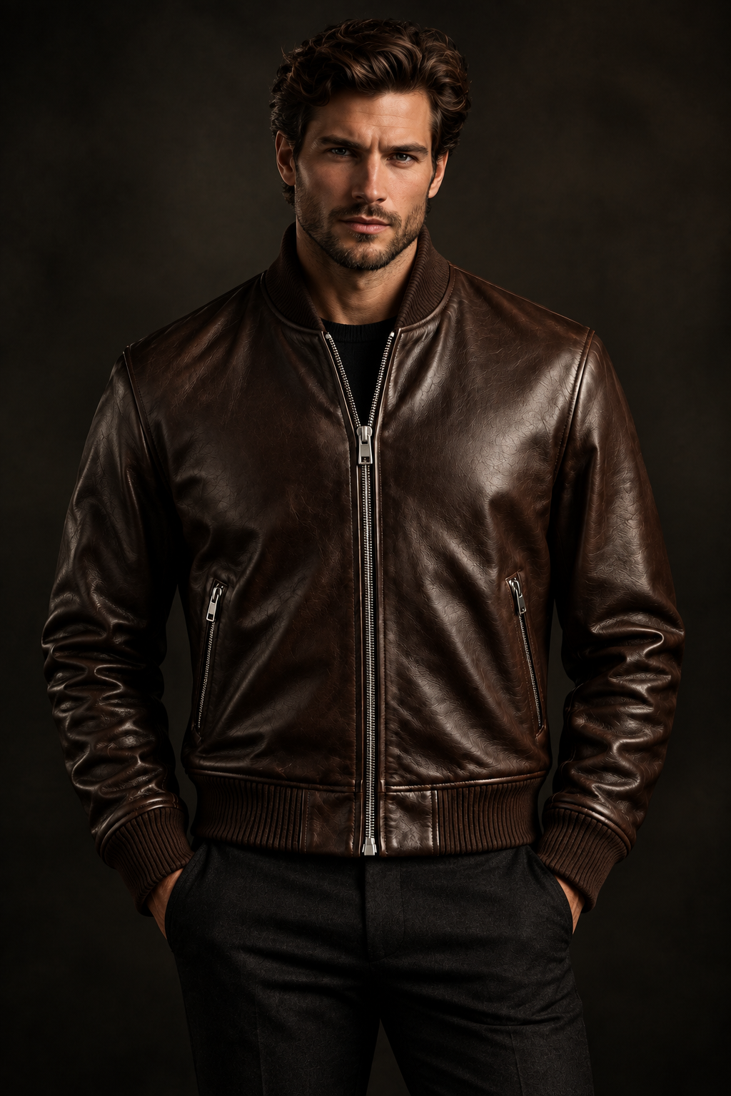 Classic Men's Brown Leather Bomber Jacket - Premium Flight Outerwear