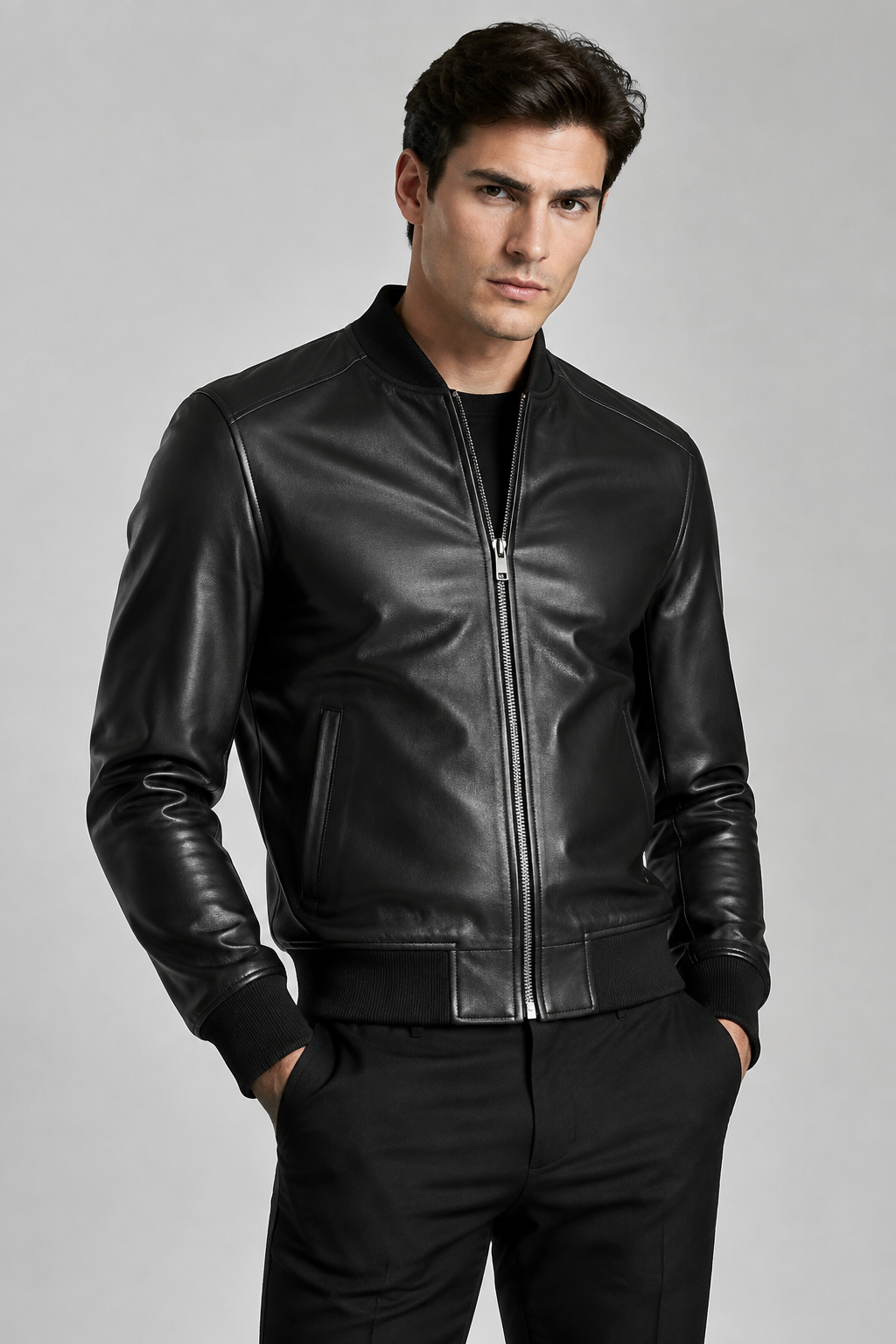 Classic Men's Black Leather Bomber Jacket - Premium Flight Outerwear