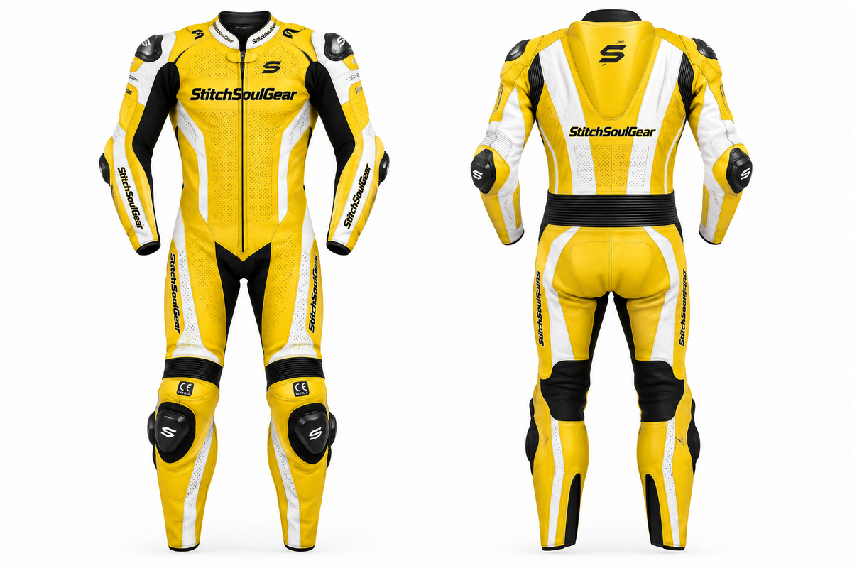 Stitch & Soul Velocity Racing Full Leather Motorbike Suit - Yellow & White Track Edition