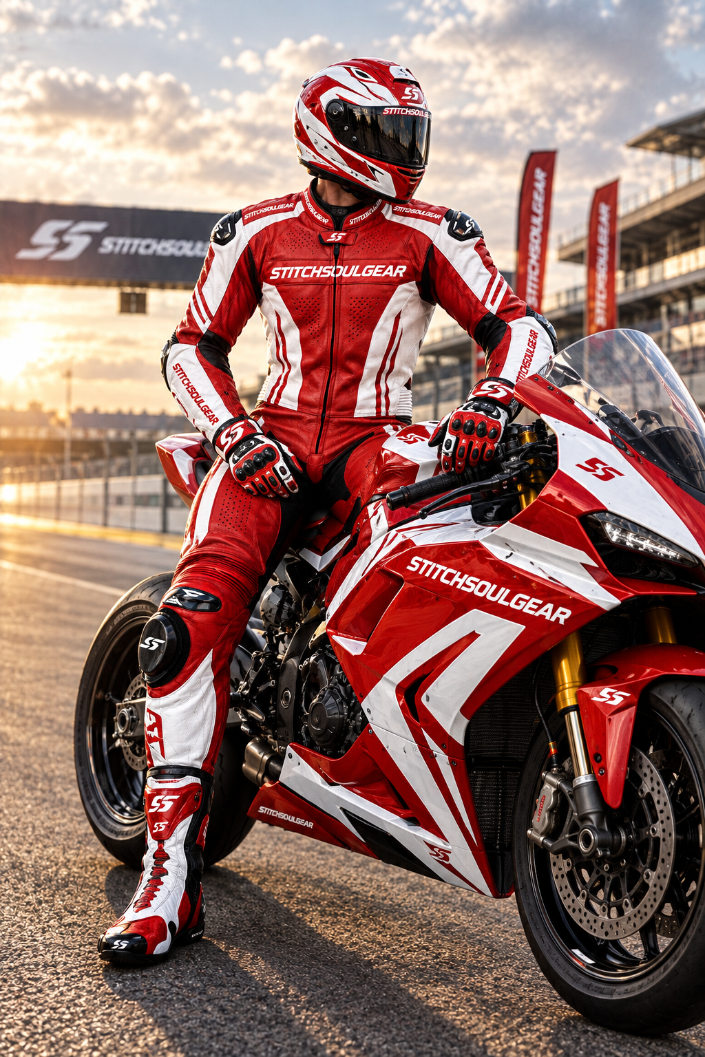 Stitch & Soul Nitro Corsa Full Leather Motorbike Racing Suit - Red & White Track Edition